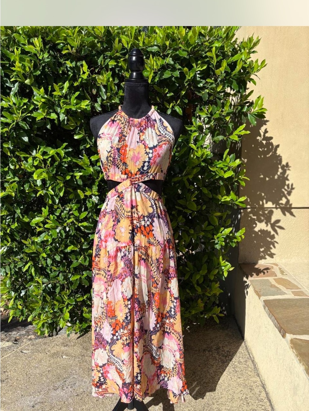 A.L.C. Pink Floral Halter Maxi Dress with Orange & Purple Accents
